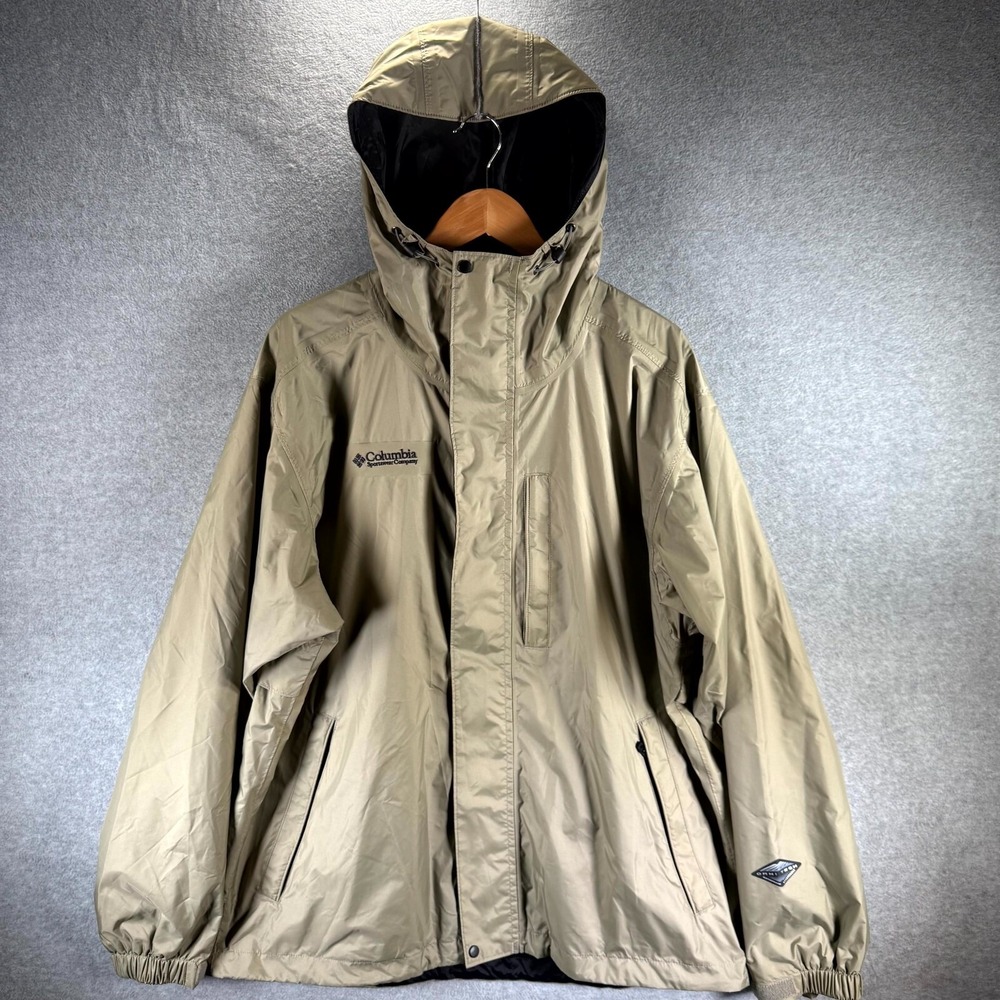 Columbia Omni-Tech Packable Windbreaker Jacket Men's Large Tan Hooded Full‎ Zip